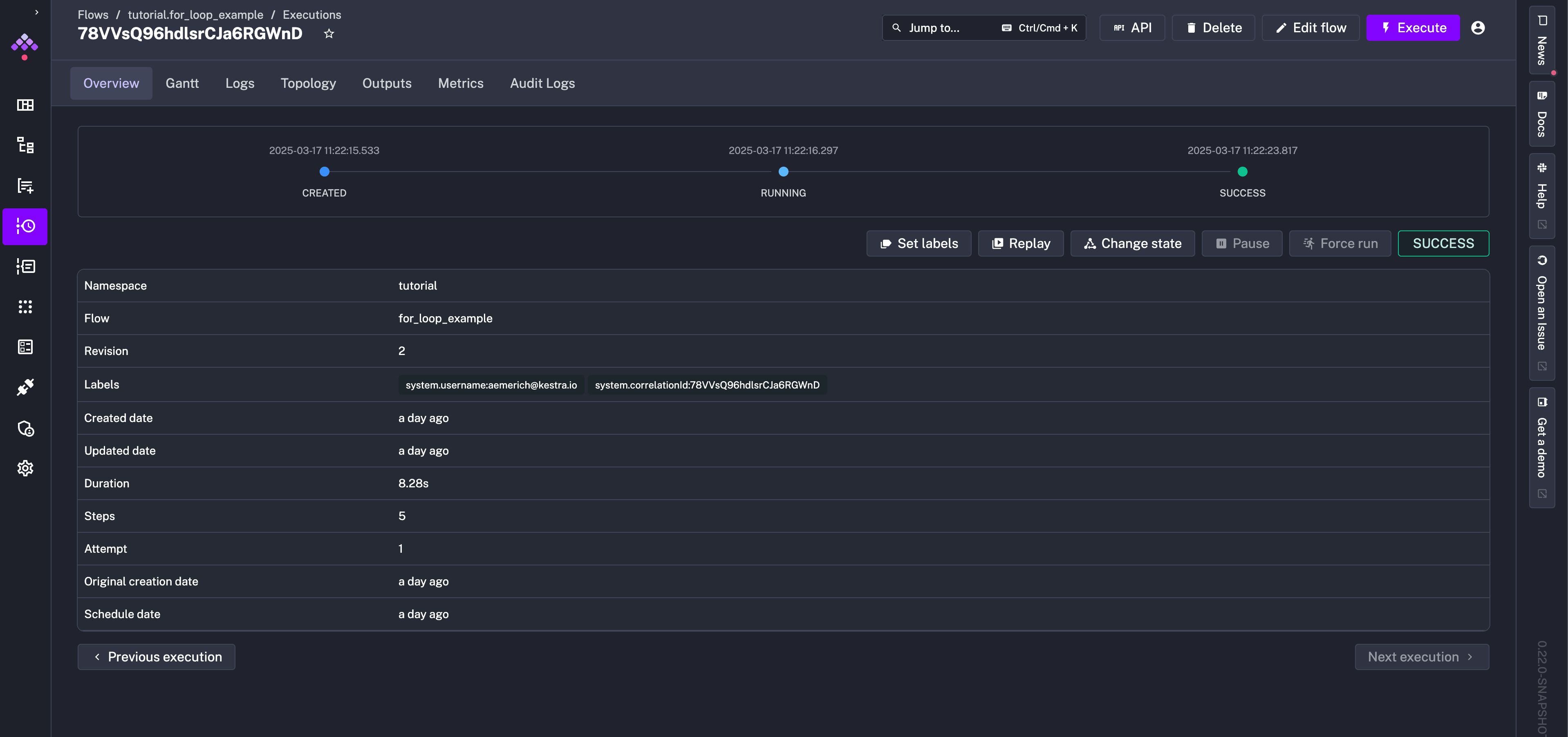 Kestra User Interface Execution Page