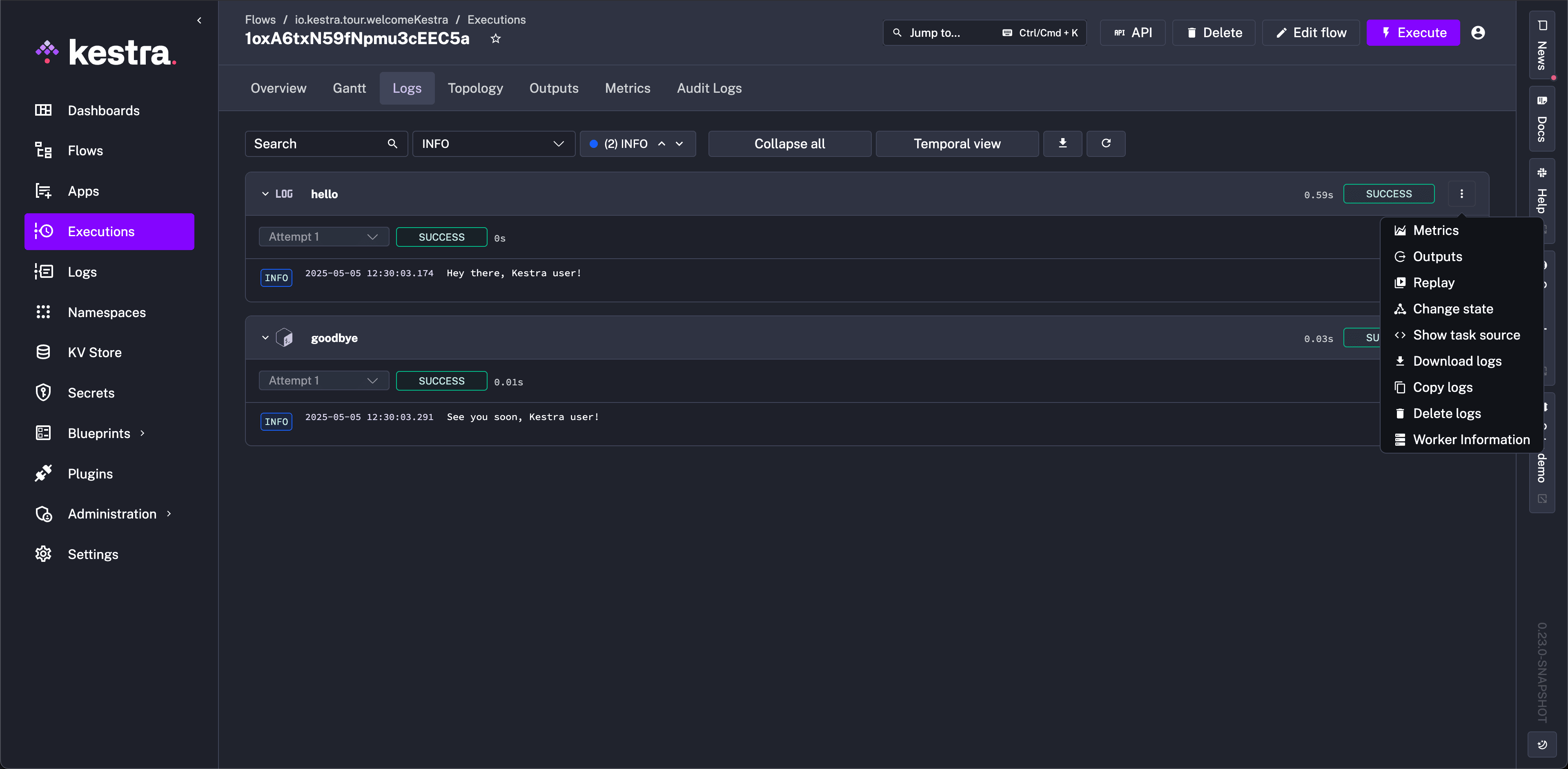 Kestra User Interface Execution Log